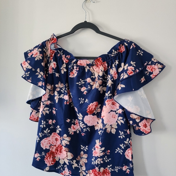 Womens Blouse Top Small Navy Blue Floral Ruffle Off-Shoulder - Picture 2 of 5